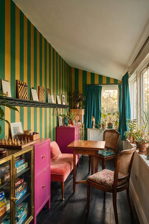 A narrow game room with vertical green and mustard striped walls, a curved white ceiling, and teal curtains framing bright windows. The space includes a small wooden table, cane-back chairs with patterned seats, magenta cabinets, a pink upholstered bench, a chess set, and many potted plants on the windowsill and shelves.