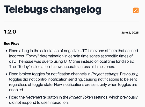The image displays a changelog for the Telebugs application version 1.2.0, detailing bug fixes.