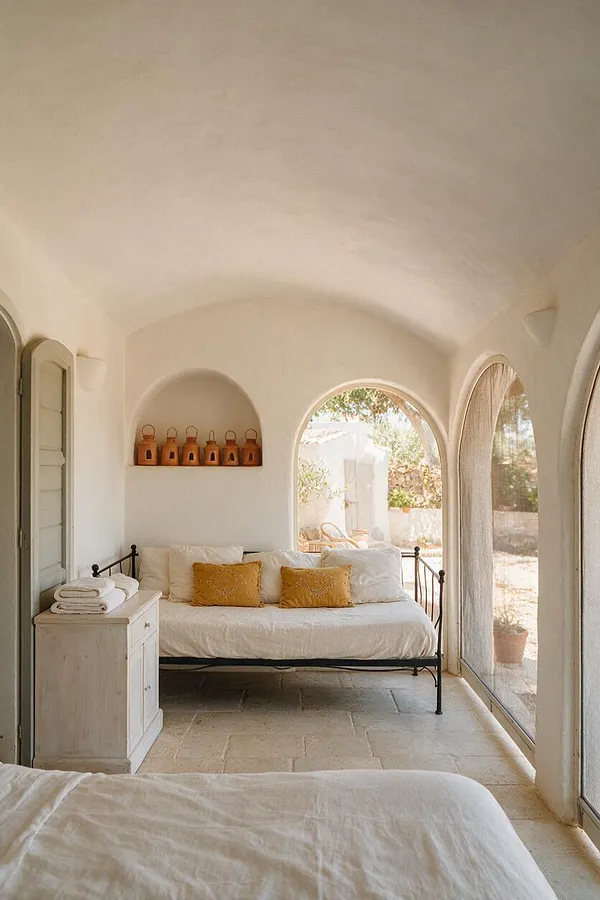 A sunlit Mediterranean-style backyard room with white plaster walls, arched windows, and a curved ceiling. A black metal daybed with white bedding and mustard pillows sits beside a small white cabinet, with terracotta lanterns displayed in a wall niche and pale stone flooring underfoot.