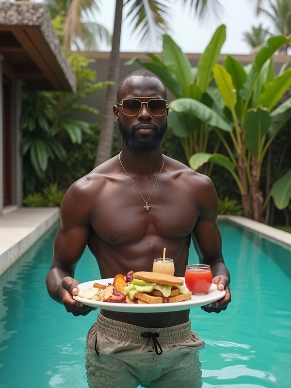 A muscular man stands in a pool holding a plate of food and drinks.