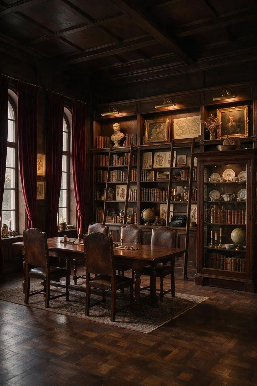 A moody dining room styled like a private library, with a dark wood coffered ceiling, tall arched windows draped in burgundy velvet curtains, and a long wooden dining table surrounded by leather chairs. Built-in bookshelves and glass-front cabinets display old books, framed artwork, busts, globes, and dishware under warm picture lights.