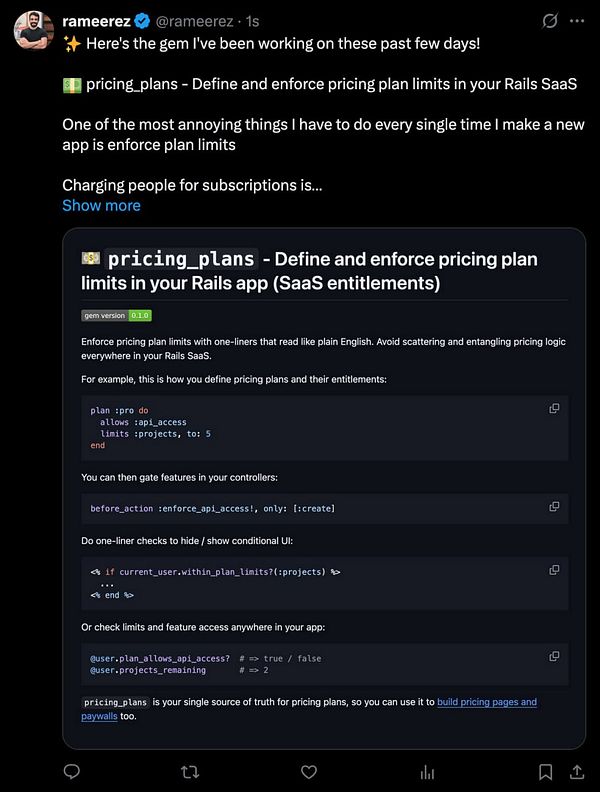 A tweet showcasing a new gem called 'pricing_plans' for defining and enforcing pricing plan limits in Rails applications.