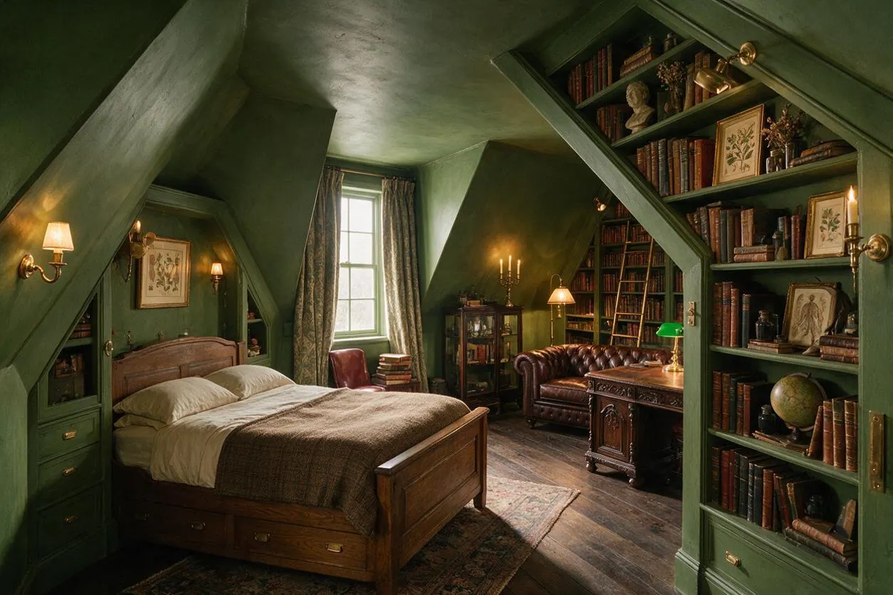 A Dark Academia master bedroom with sloped ceilings painted deep green, built-in bookshelves filled with old books and framed botanical art, and a wooden bed dressed in muted linens. The room includes brass wall sconces, a leather sofa, a writing desk, and vintage decor, creating a warm scholarly atmosphere.
