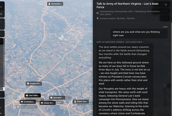 The image depicts a digital map of Gettysburg, Pennsylvania, with an accompanying chat interface discussing the historical significance of the location.