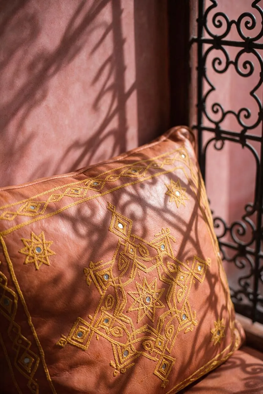 A close-up of a terracotta leather cushion with intricate mustard-yellow embroidery and mirrored geometric star motifs. It rests against a pink plaster wall beside a black wrought-iron frame, with soft patterned shadows cast across the surface.