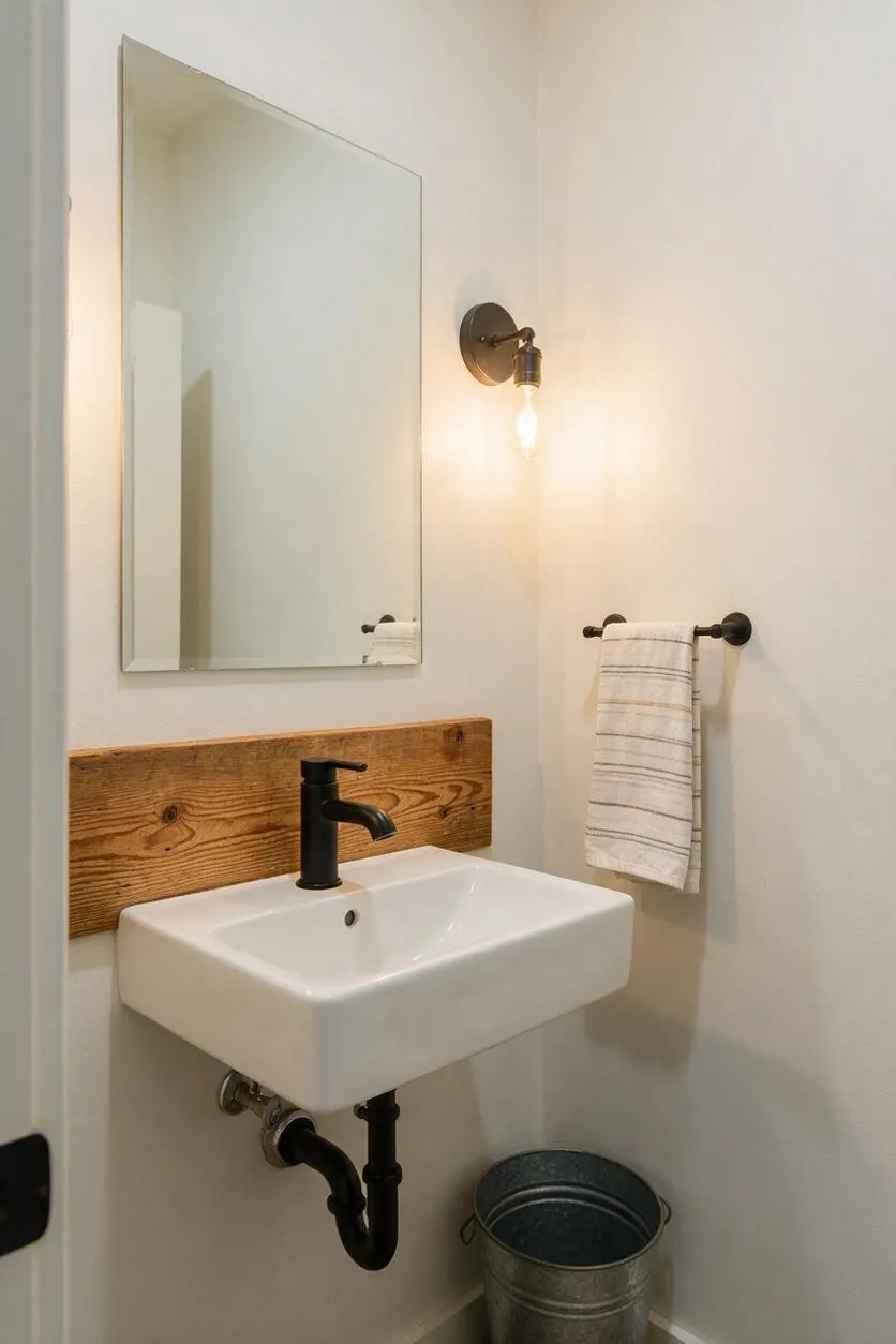A compact farmhouse-style powder room with white textured walls, a rectangular wall mirror, and a small white wall-mounted sink with matte black faucet and exposed plumbing. A warm wood plank backsplash runs behind the sink, paired with a black metal towel bar, an exposed bulb sconce, and a galvanized metal bucket on the floor.