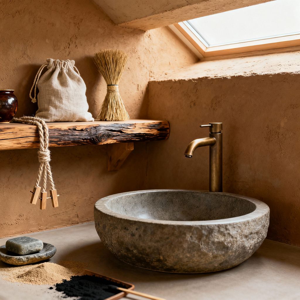 Close-up of a Japanese-inspired laundry sink area featuring a round, rough-hewn stone vessel basin with a brushed brass faucet on a smooth countertop. Warm clay-plaster walls sit below a wood-framed skylight, with a rustic live-edge shelf holding a linen drawstring bag and a bundle of straw; nearby are a jute rope with wooden clothespins, stacked stone soap dishes, and a small wooden tray with light and black laundry powders, creating a minimal, natural palette.