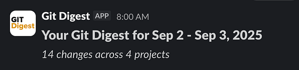 A Slack notification displaying a Git Digest summary for specific dates.