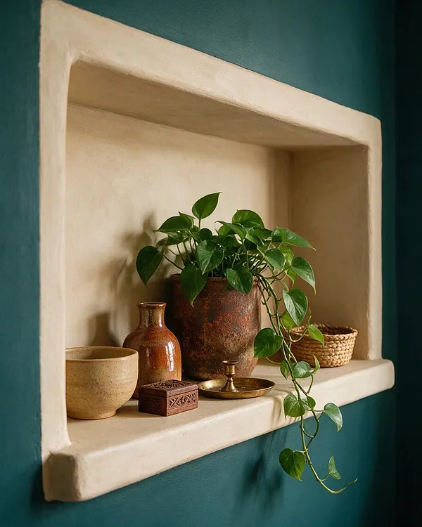 A recessed wall niche painted in warm cream is set into a deep teal wall and styled with layered bohemian objects. The shelf holds a leafy trailing houseplant in a rustic brown planter, a tan ceramic bowl, a glazed amber vase, a small carved wooden box, a brass dish, and a woven basket, creating an earthy, collected look.