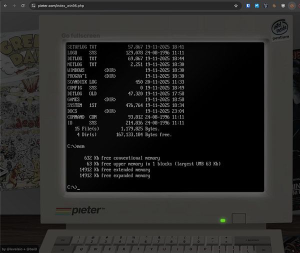 The image displays a DOSBox interface running Windows 95, showing memory information and directory listings.