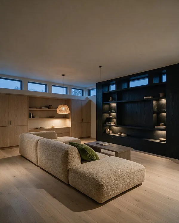 A serene basement living room in Japandi style with a low, modular boucle sectional in the foreground, a simple wood coffee table, and built-in cabinetry and shelving along the back wall. Light oak storage on the left contrasts with a dark charcoal feature wall on the right, while a woven pendant and small clerestory windows add soft, natural light.