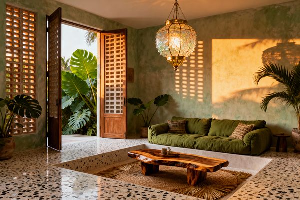 A tropical living room opens to dense greenery through wooden double doors and breezeblock screens. A sunken seating area holds a sculptural live-edge wood coffee table on a round jute rug, facing a deep olive sofa against sage limewashed walls. Terrazzo floors with black aggregate reflect warm sunset light, while a brass-and-shell globe pendant hangs above; potted palms and monstera add a lush, indoor–outdoor feel.