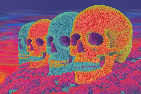 A vibrant, psychedelic illustration of four colorful skulls set against a surreal background.