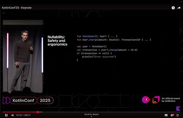A speaker presents a KotlinConf 2025 keynote on nullability in programming.