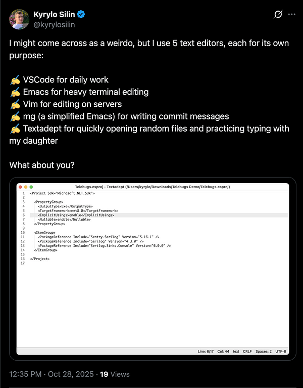A screenshot of a coding project file displayed in a text editor, accompanied by a tweet discussing the use of multiple text editors.