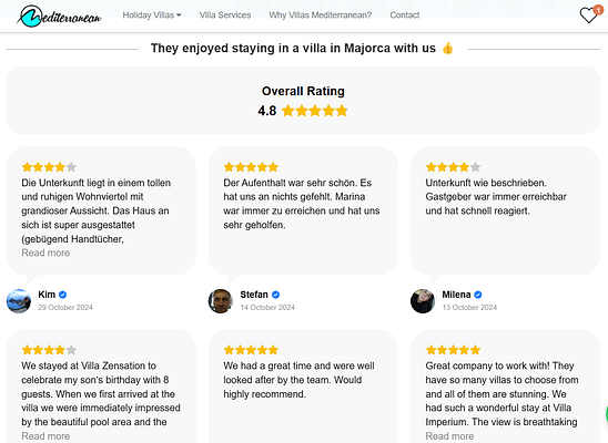 The image displays a collection of reviews for a villa rental service, highlighting guest experiences and ratings.