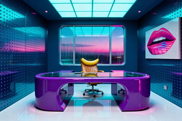A futuristic home office features a glossy curved purple desk with a glass top, a tan leather swivel chair with a banana-yellow headrest, and deep teal perforated walls under a cyan backlit grid ceiling that reflects across a polished white floor. A ribbed-glass window reveals a pink-to-teal sky, and a large Pop Art canvas of glossy lips adds a bold focal point.