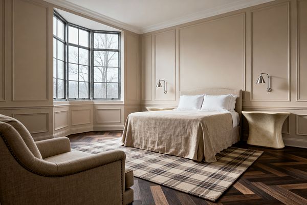 Bedroom with beige paneled walls and crown molding centers on a linen-upholstered bed with white pillows and a sand-colored coverlet. Sculptural pedestal tables sit on both sides beneath silver swing-arm sconces. A large bay window with black metal frames brings in soft daylight. Dark herringbone wood floors are topped with a taupe and cream plaid rug, and a beige armchair with nailhead trim faces the bed.