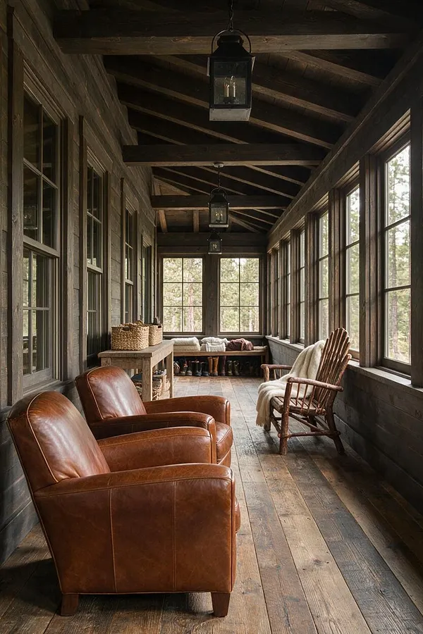 A narrow rustic sunroom with dark wood walls and exposed ceiling beams, lined with large windows on both sides. Two tan leather armchairs sit in the foreground, while a wooden rocking chair with a cream throw and simple lantern pendant lights add warmth.