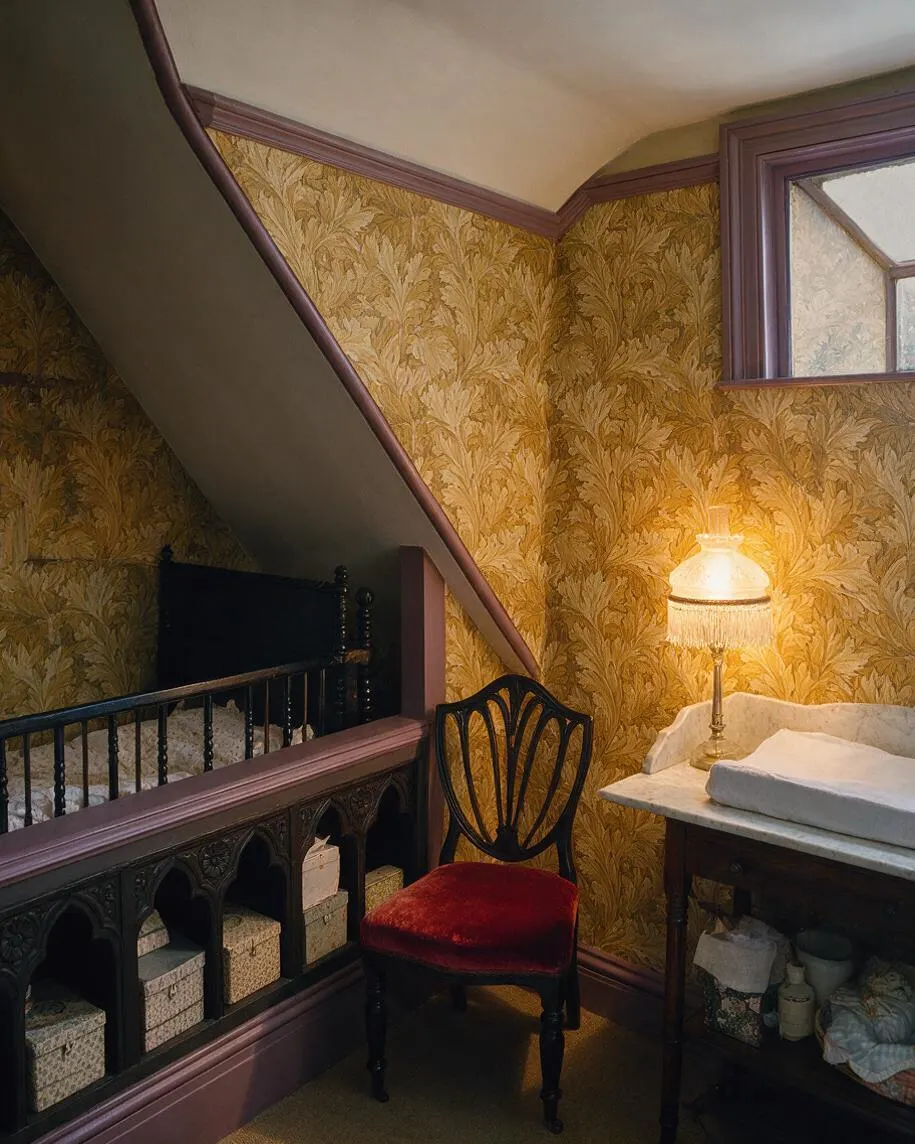 A Victorian-style nursery corner with ornate gold botanical wallpaper, mauve trim, and a sloped ceiling. A red velvet chair sits beside a marble changing table with a glowing fringed lamp, while a dark crib and neatly arranged storage boxes complete the cozy room.