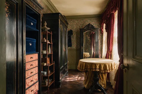 A narrow Victorian-style closet with dark carved wardrobes, blue velvet-lined shelves, and pink patterned drawers on the left. Floral wallpaper, burgundy drapes, an ornate mirror, and a round pedestal table with a fringed gold cloth create a richly layered, antique look.