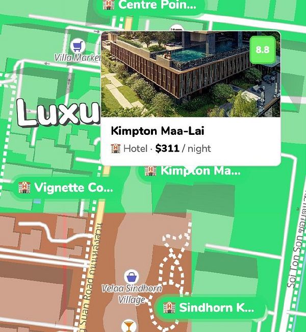Screenshot of an online map centered on a coastal area with multiple hotel markers, navigation controls, and side menu options for map features.
