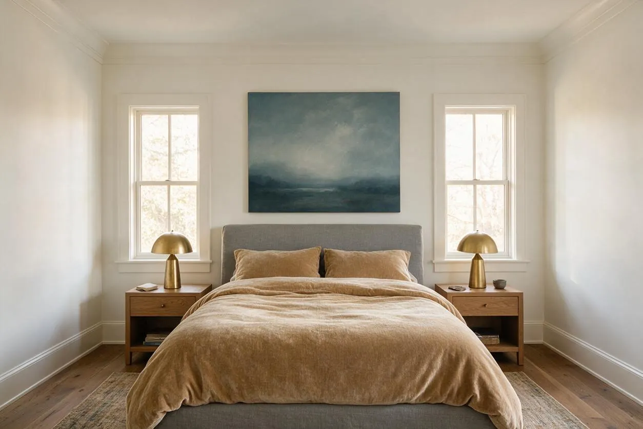 A serene master bedroom with a centered upholstered bed in gray and beige bedding, flanked by matching wood nightstands and brass dome table lamps. Two tall windows and a moody blue landscape painting create a balanced, airy focal wall.