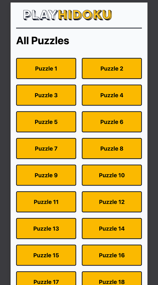A mobile interface displaying a list of puzzles for the game 'Play Hidoku'.