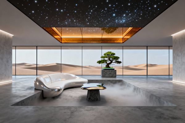 A minimalist futuristic living room with a sunken lounge featuring a curving chrome sofa and an organic-shaped reflective coffee table on a stone base amid a light mist. Floor-to-ceiling glass reveals sweeping desert dunes. The ceiling is black and mirrored with star-like LEDs and a warm amber-lit recess. Polished concrete floors and walls define the space, while a bonsai tree rests on a granite pedestal near the windows.