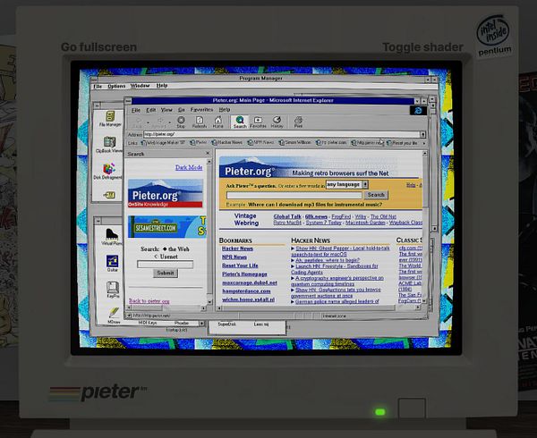 Screenshot of a Microsoft Internet Explorer 4 window showing a sidebar with a search box for pieter.org and navigation links.