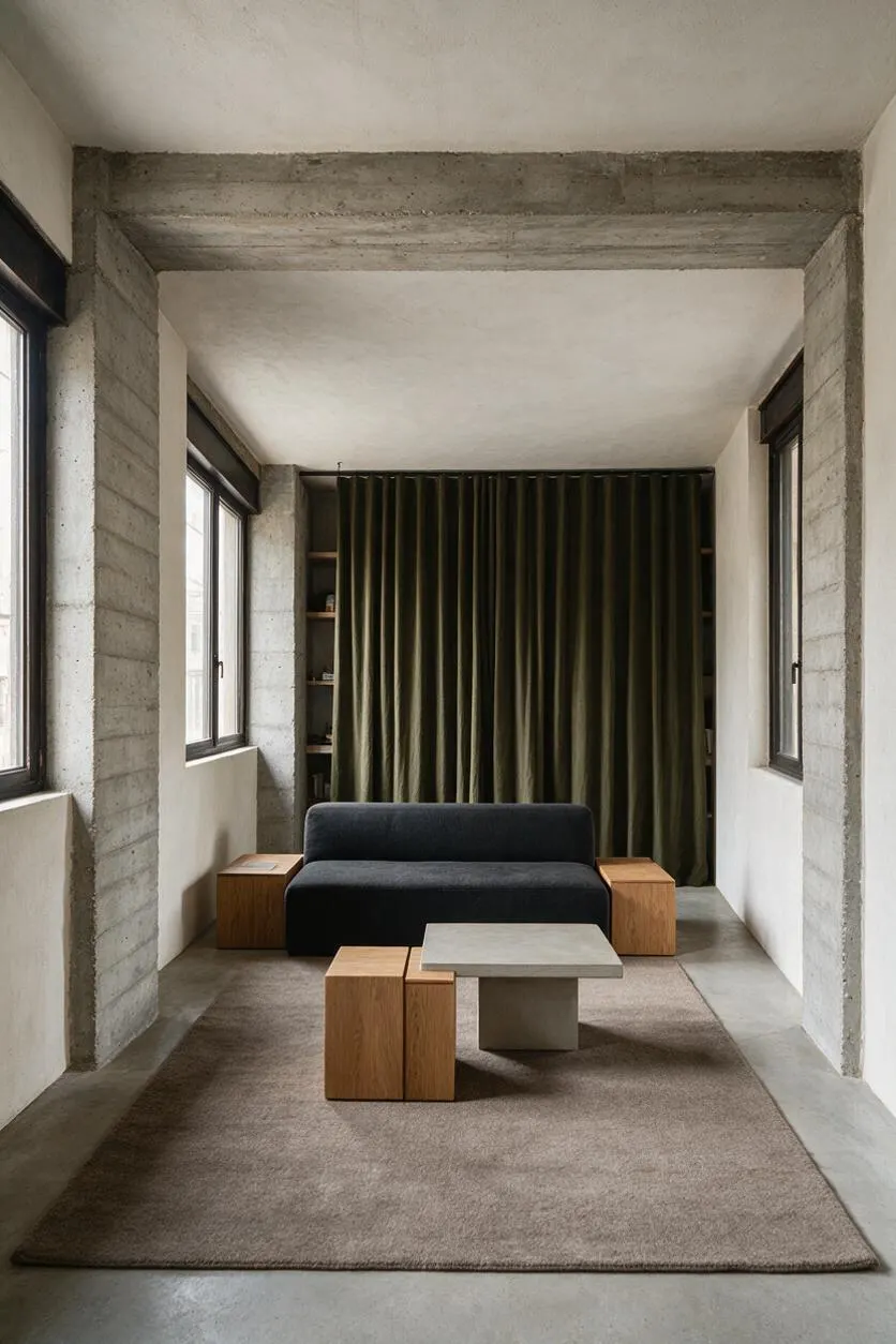 A narrow living room with exposed concrete beams and walls, tall dark-framed windows on both sides, and full-height olive curtains at the back. A low black sofa sits against the far wall with blocky wood side tables and a pale stone coffee table on a taupe area rug.