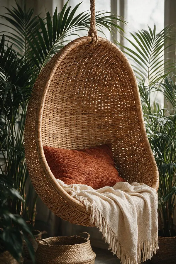 A hanging egg-shaped wicker chair with a thick rope suspension sits among lush indoor palm plants. The chair is styled with a rust-colored cushion and a cream fringed throw, creating a cozy bohemian seating nook.