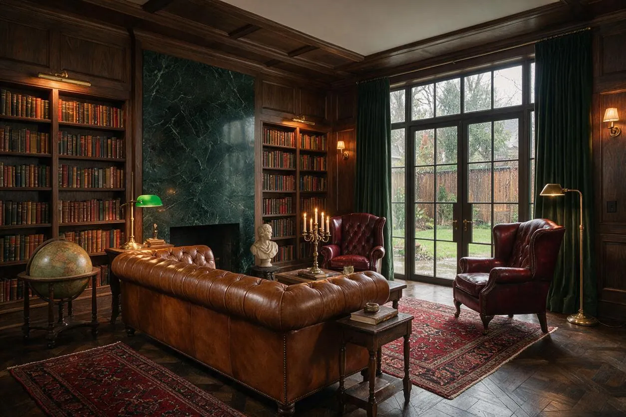 A moody dark academia-style room with built-in bookshelves, a green marble fireplace, a tufted brown leather sofa, burgundy armchairs, and deep green curtains framing French doors to the backyard. Warm brass lamps, patterned red rugs, and dark wood paneling create a scholarly, intimate atmosphere.