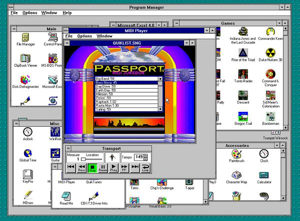 The image displays a vintage computer interface featuring a MIDI player application with a colorful jukebox theme.