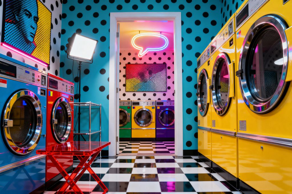 A laundry room with bright front-loading machines in yellow, red, blue, and green lines both sides of a black-and-white checkerboard floor. Turquoise walls are covered in large black polka dots, and an open doorway reveals more machines against a white polka-dot wall. A neon speech-bubble light and halftone pop artwork add pink-blue glow, while a red acrylic bench, chrome cart, and a square studio light complete the scene.
