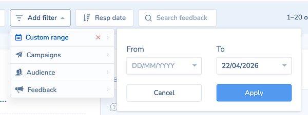 UI design mockup of a date filter component inspired by Stripe with various preset date ranges and a calendar for custom selection.
