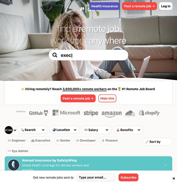 A woman is searching for remote job opportunities on a job board website.