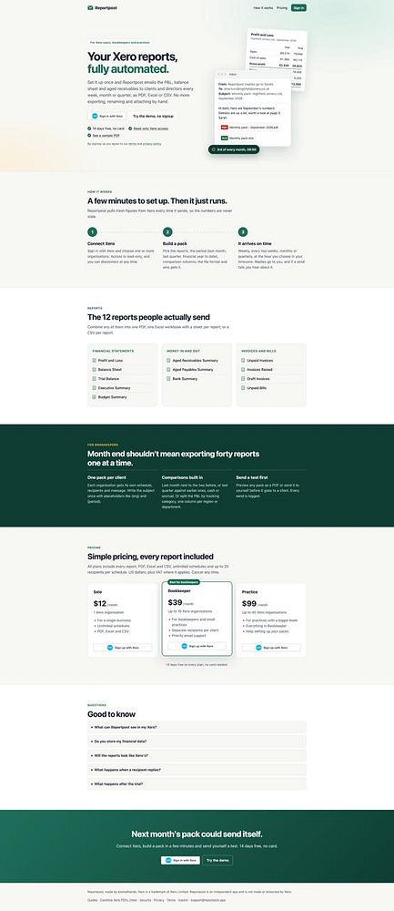 Landing page for Reportpost detailing automated Xero report generation with setup instructions, report options, pricing, and FAQs.