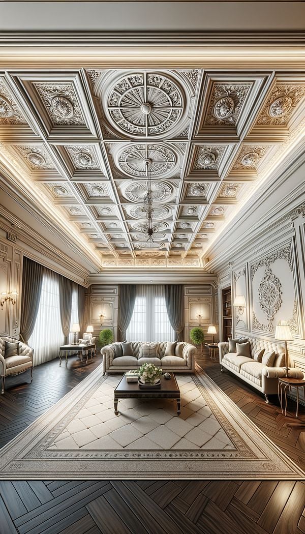 an elegant living room with a detailed coffered ceiling, showcasing various shapes and sizes of coffers, offering depth and texture to the high ceiling architectural space