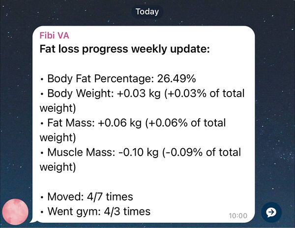A weekly fat loss progress update with various body metrics.