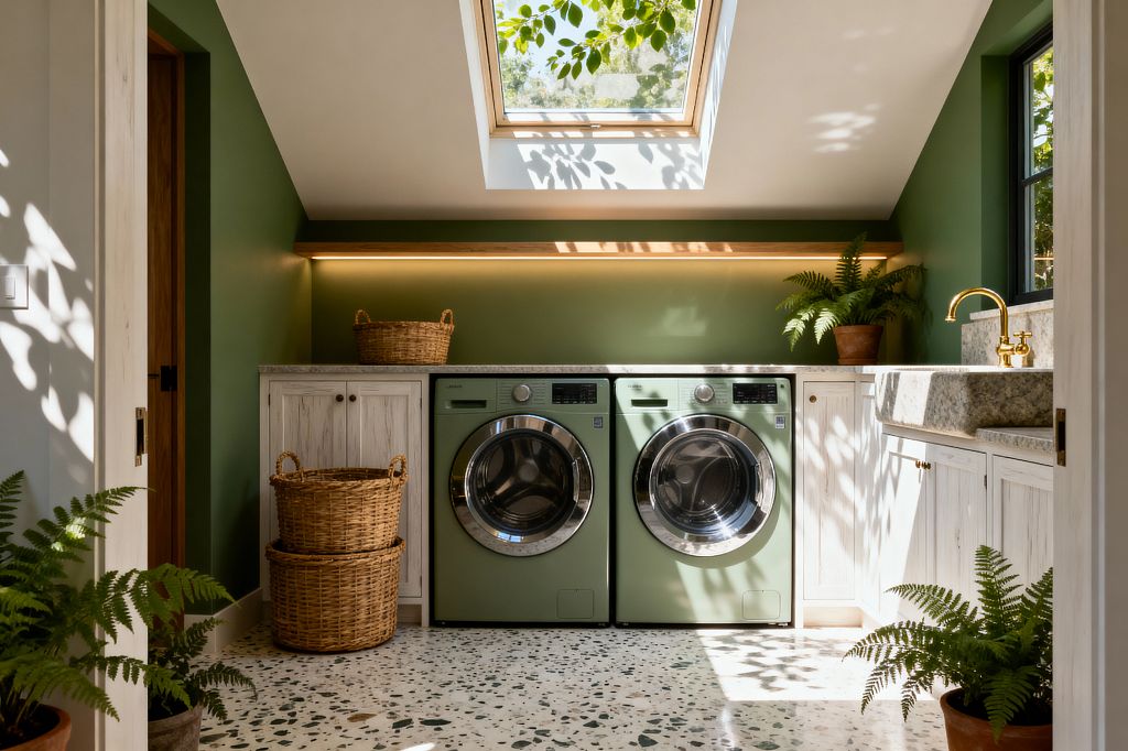 A biophilic laundry room with a central skylight casting dappled leaf shadows over sage-green washer and dryer, an olive green back wall, and whitewashed shaker cabinets. A slim LED-lit shelf spans a honed stone countertop and deep stone sink with brass faucet; speckled terrazzo floors, black-trim window, woven baskets, and potted ferns complete the natural, light-filled space.