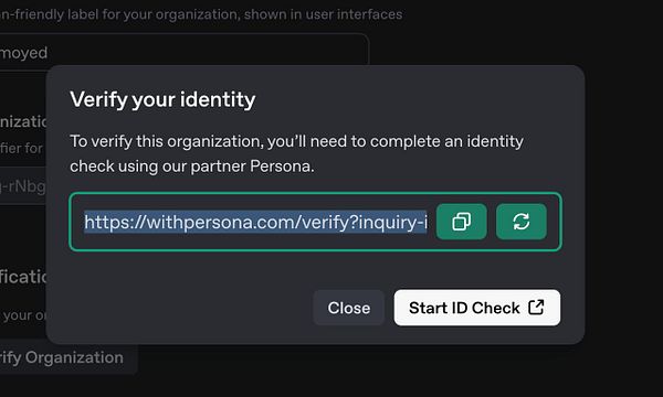 A modal window prompts the user to verify their identity for organization verification on OpenAI using Persona.