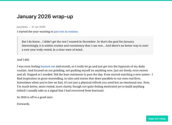 Dashboard interface of the LifeLog web application showing a January 2026 wrap-up with detailed charts, statistics, and navigation menus.
