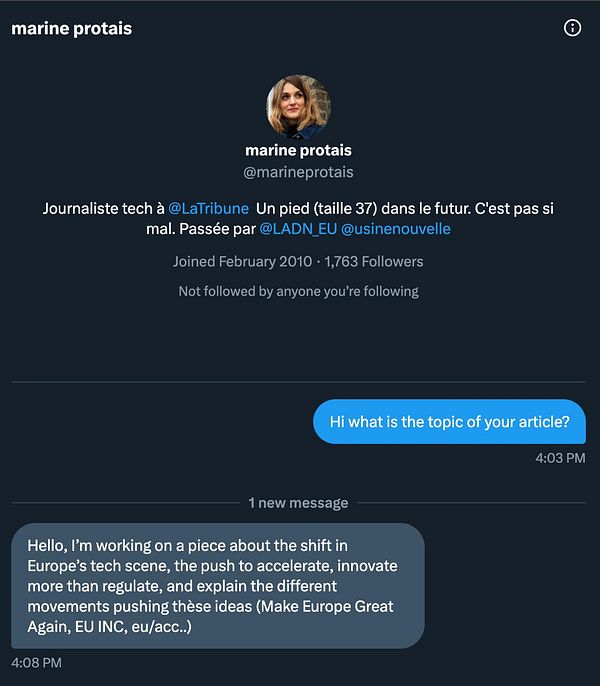 A Twitter conversation between marine protais and another user discussing an article on Europe's tech scene.