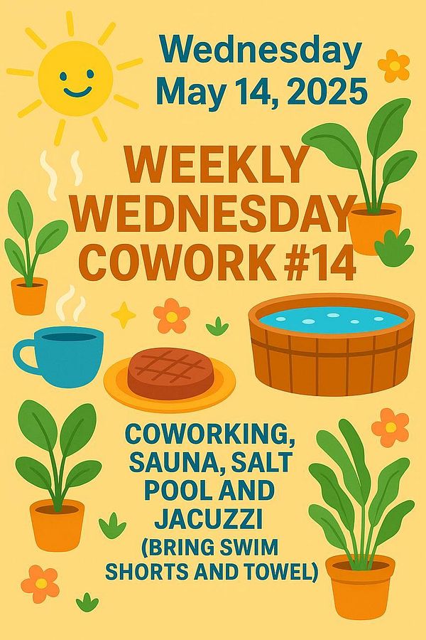 A colorful promotional graphic for a coworking event on May 14, 2025.