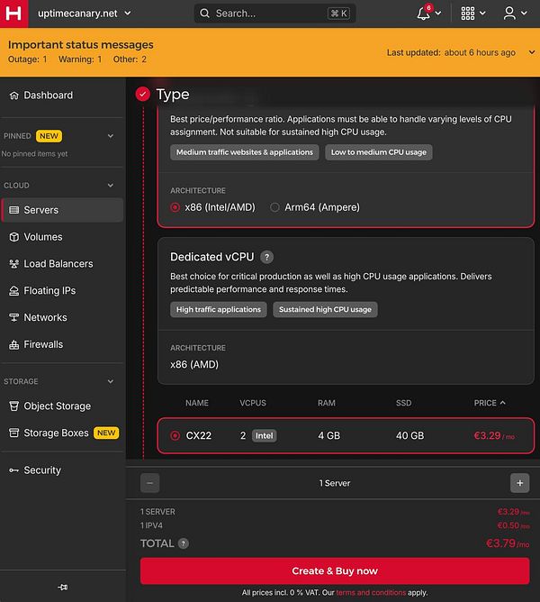 The image displays a server configuration interface for Hetzner, highlighting options for a dedicated vCPU server.