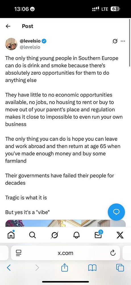 A social media post discussing the lack of opportunities for young people in Southern Europe.