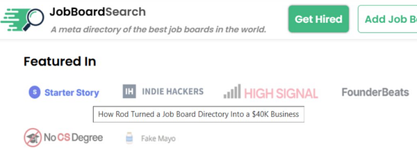 The image displays a section titled 'Featured In' from the JobBoardSearch website.