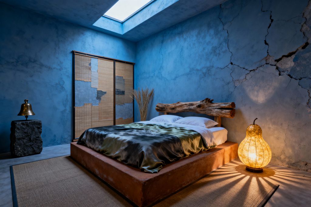Bedroom with weathered blue plaster walls showing cracks, a low terracotta platform bed, and a driftwood log headboard under a ceiling skylight. The bed is dressed in a tie-dye olive and charcoal duvet with white pillows. At right, a gourd-shaped washi paper lamp casts warm radial shadows; at left, a brass bell sits on a rough basalt block. Bamboo sliding screens patched with fabric and a natural fiber floor mat complete the simple, Wabi-Sabi look.