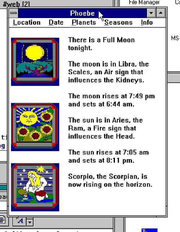 The image displays a Windows 3.11 application interface showing astrological information.